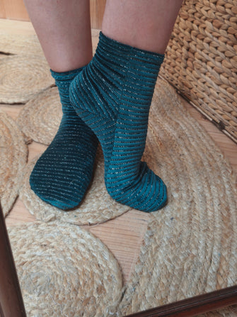 Chaussettes Josette - velours pailleté bleu canard